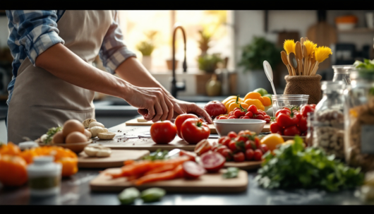 Person chopping tomatoes on a kitchen counter surrounded by fresh vegetables and cooking ingredients